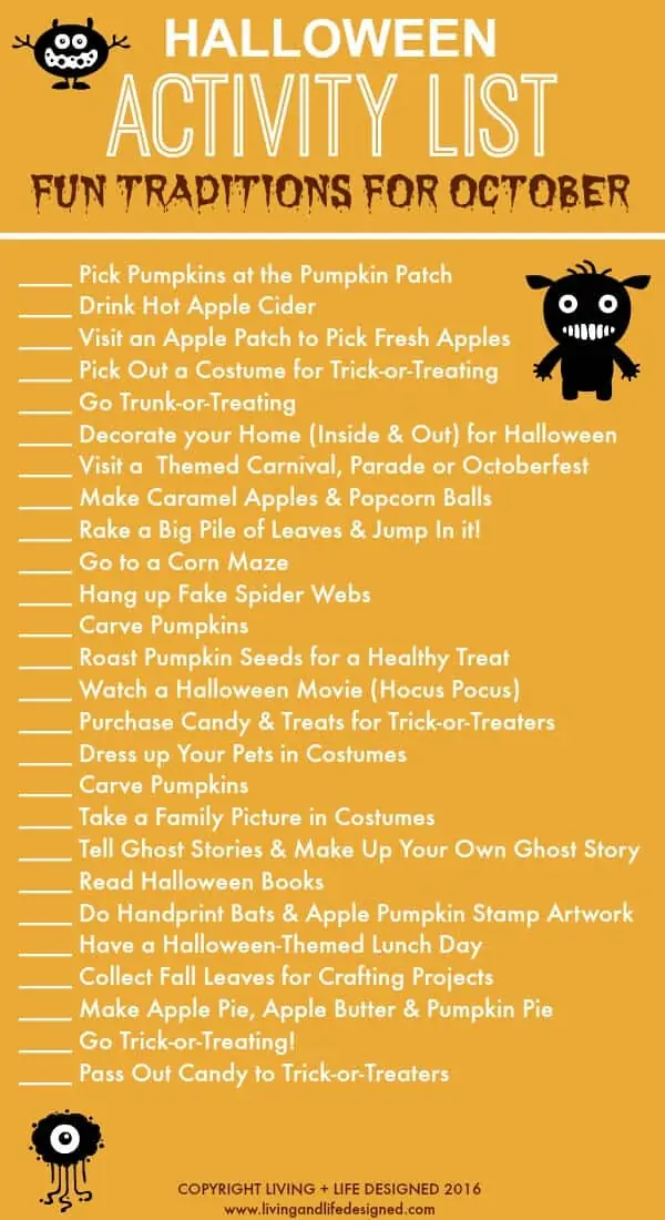 Printable Halloween Activity List for the Month of October