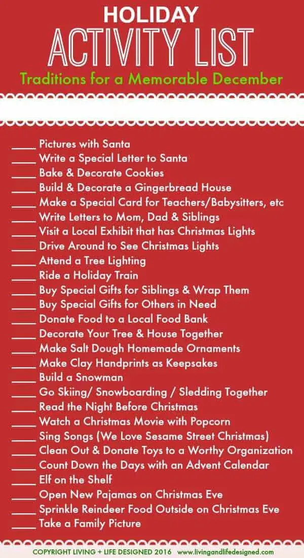 Holiday Activities List Printable for December