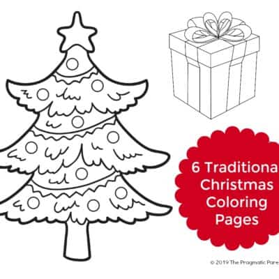 (Free PDF) 6 Traditional Christmas Coloring Pages for Kids including a Christmas Tree, Snow Glove, Gingerbread Man, Wreath, Santa's House, and Christmas Present.