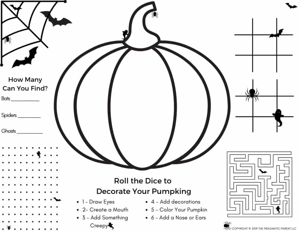 Cute (and Free) Halloween Activity Page & Halloween Coloring Page in PDF Format. Fun Halloween Games including Color Your Pumpkin game, counting games, maze, and more coloring page to keep little ones busy.