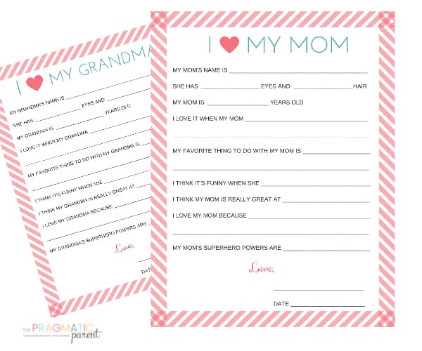 Mother's Day Printables for children to fill out for Mom and Grandma on Mother's Day