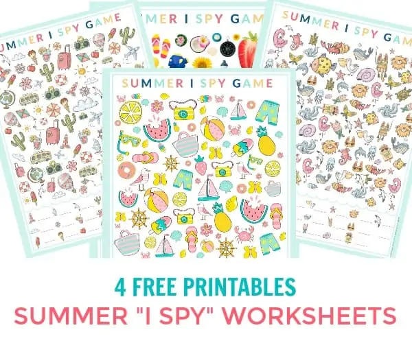 4 Printable I Spy Game Sheets themed for summer with fun graphics & bright colors. Printable I Spy game sheets are handy whether you're taking a road trip, have an upcoming flight, need quiet time, are at the Doctor's office, or want to try a new fun activity. Download and print these I Spy Printables and have fun!