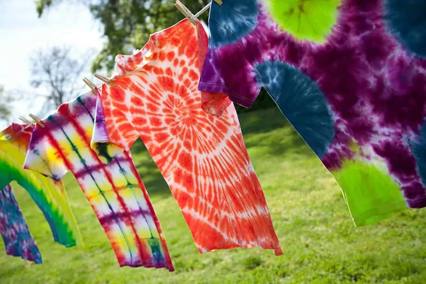 Tie-dye shirts as a take-home craft alternative to goody bags for a kids' birthday party.